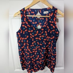 Maison Jules blue cherry print sleeveless top with scalloped hem size small